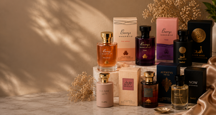 Sanctuary of Scent perfumes arranged on marble in warm light