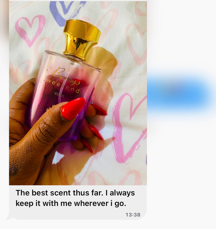Customer WhatsApp review with a photo of their perfume: "The best scent thus far. I always keep it with me wherever I go."